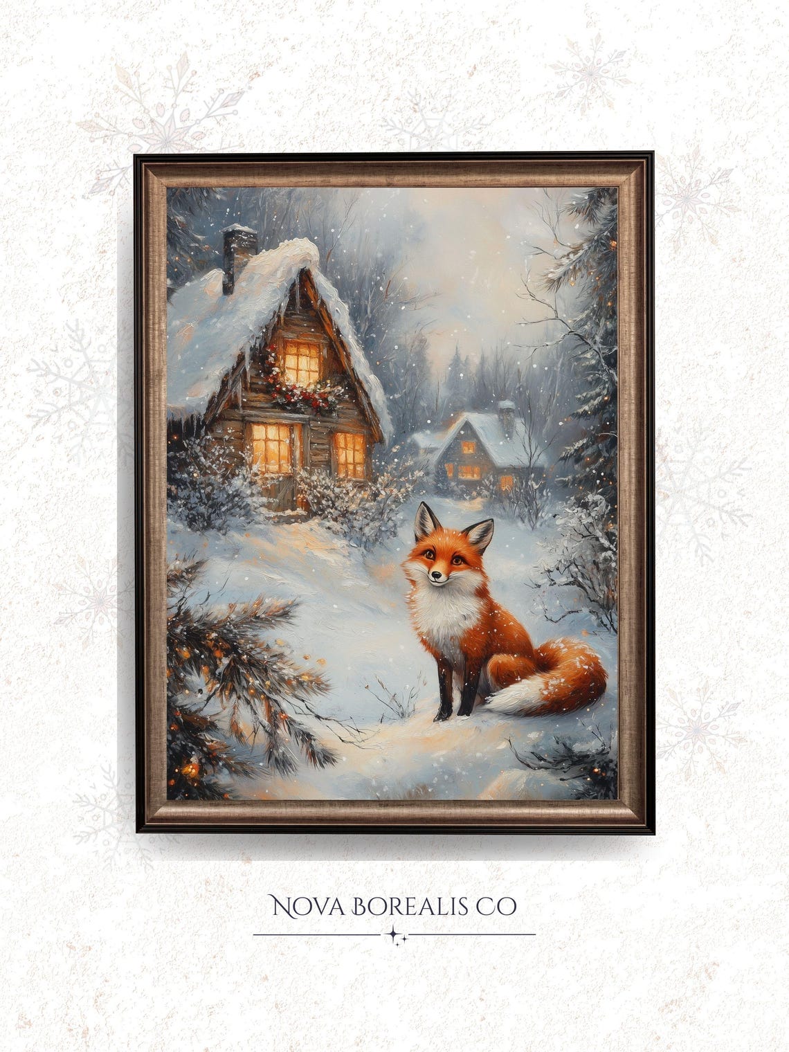 Rustic Red Fox Snow Winter Cabin Cozy Forest Animal Wall Art