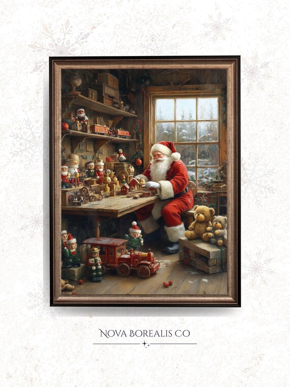 Santa Claus Toy Workshop Vintage Christmas Painting Wall Art