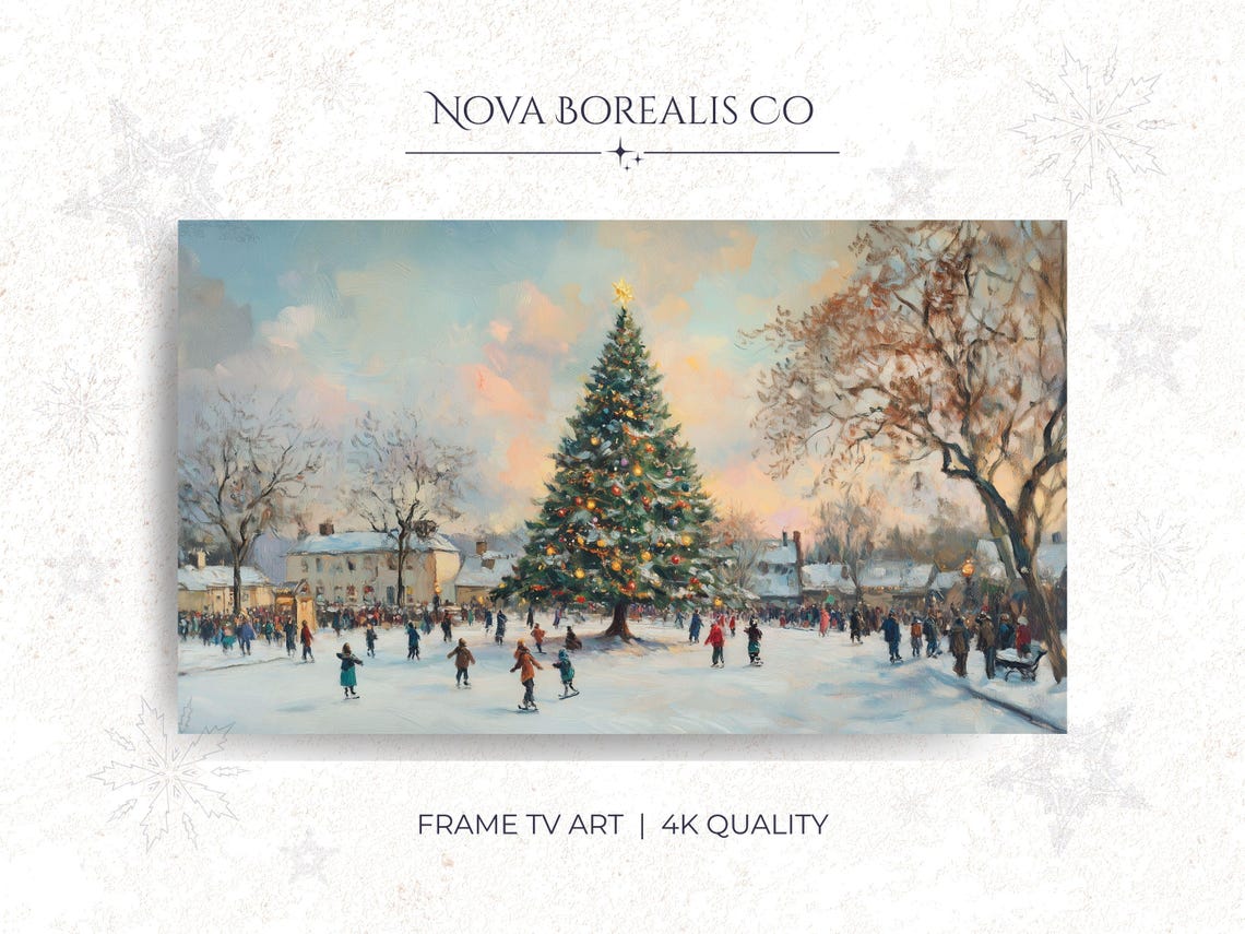 Vintage Christmas Tree Town Square Ice Skating Holiday Scene Poster