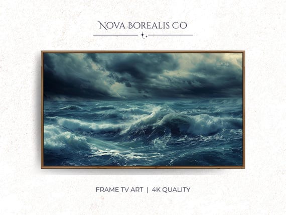 Dramatic Ocean Seascape Samsung Frame Tv Art Deep Navy Waves Stormy Sea Scene Coastal Decor Moody 5