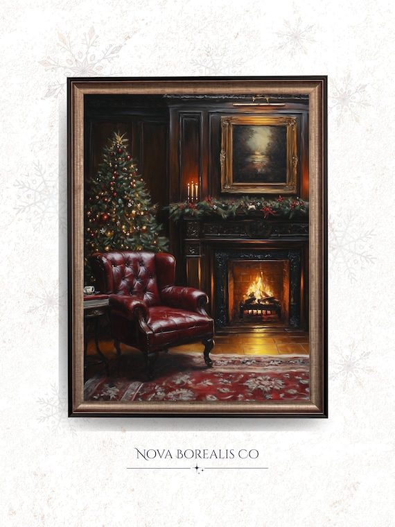 Christmas Fireplace With Leather Chair Vintage Holiday Art Poster