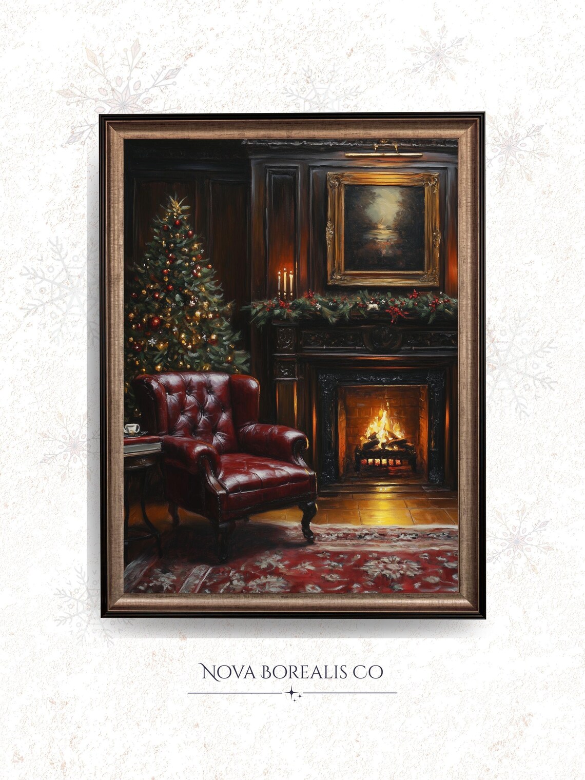 Christmas Fireplace With Leather Chair Vintage Holiday Art Poster
