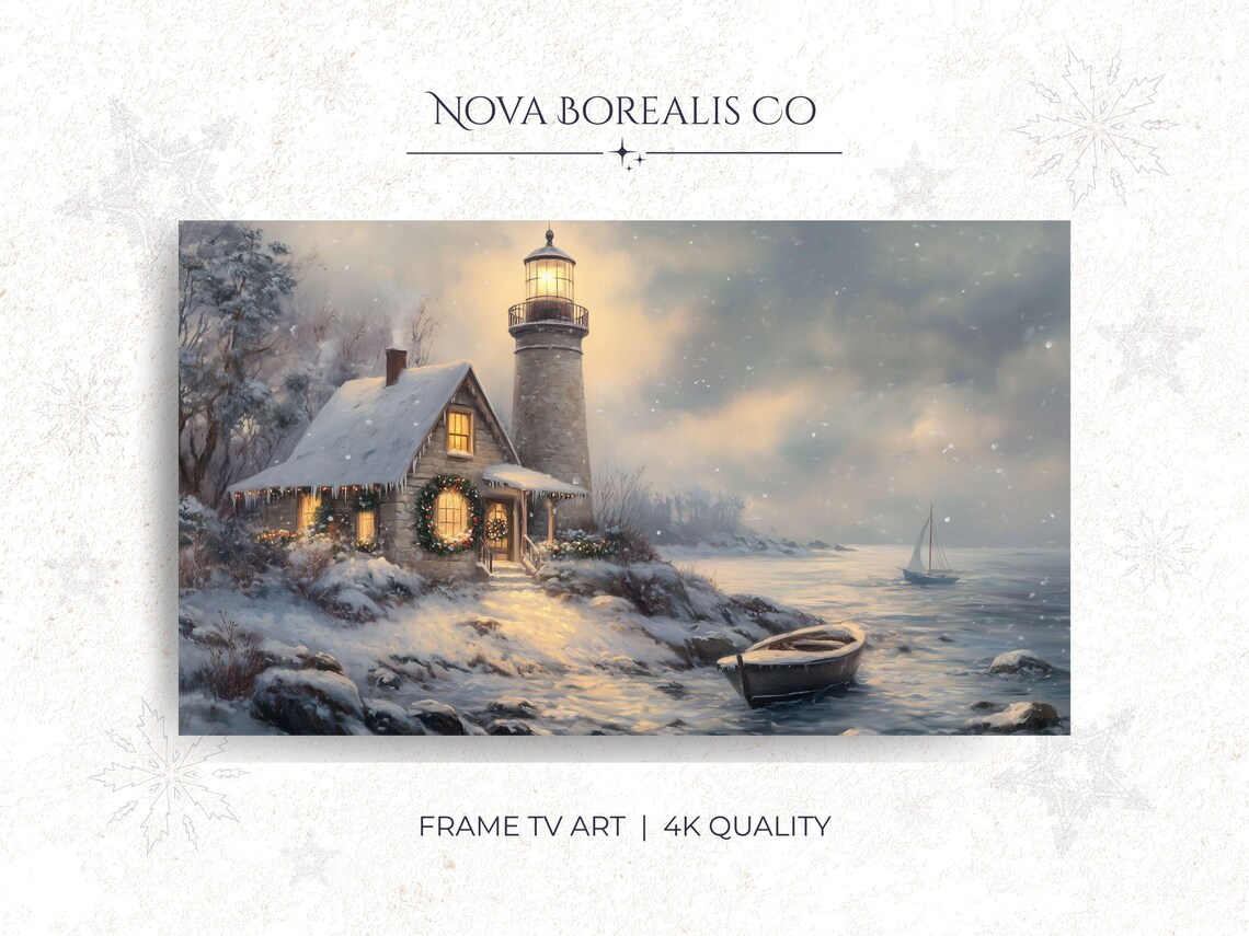 Vintage Winter Lighthouse Snowy Cottage Seascape Holiday Print