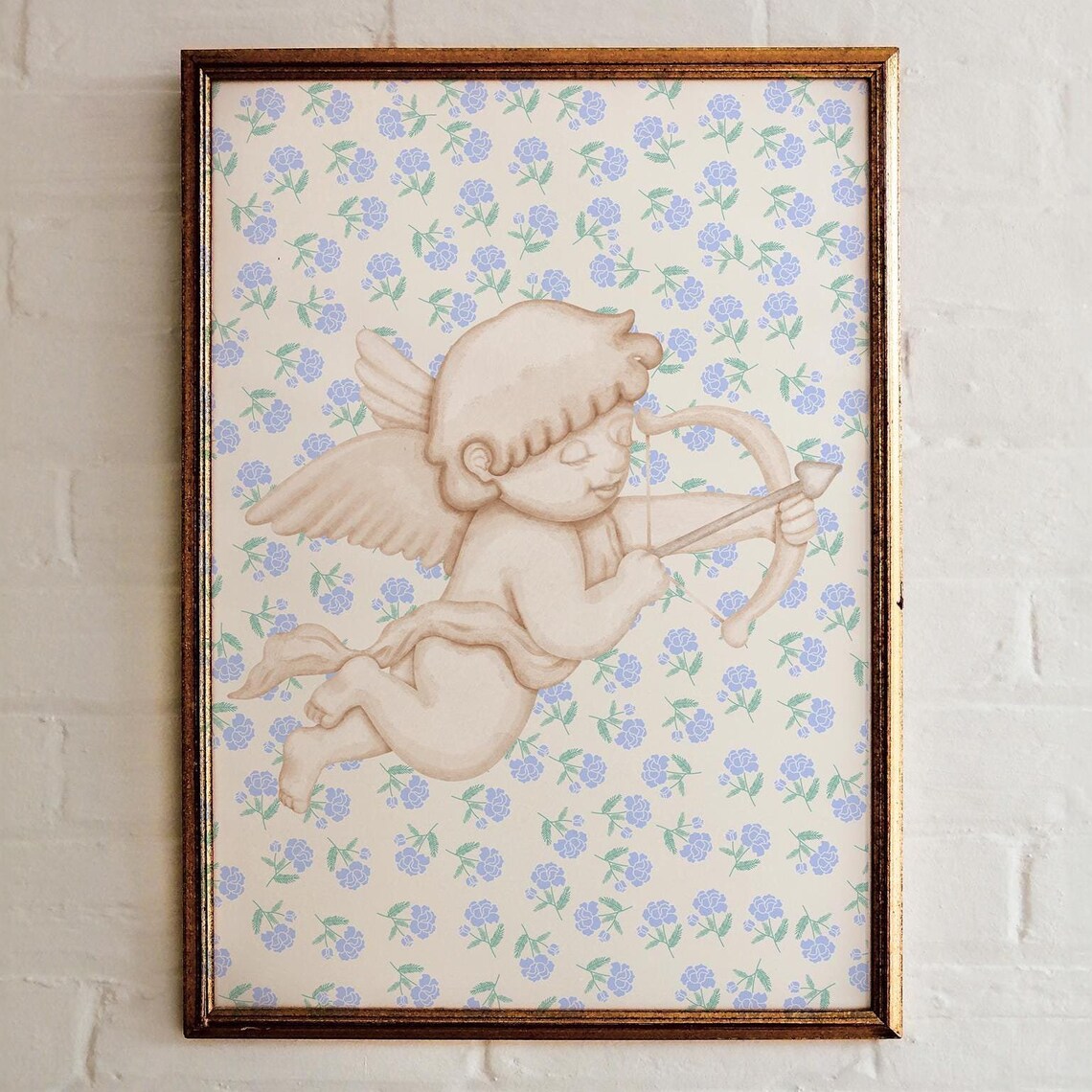 Blue Cherub Angel Wall Art Vintage Cupid Right Floral Nursery Print