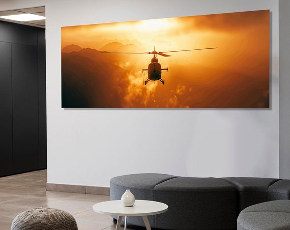 Helicopter Panoramic Print Helicopter On Sunset Poster Aircrafts Wall Art Pilot Gift Helicopters Wall Art Framed Ready To Hang