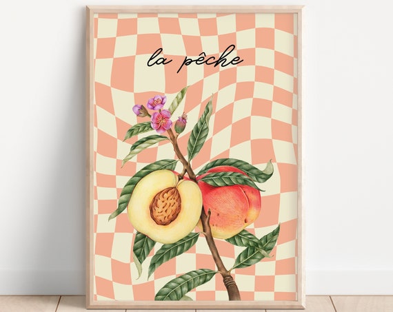Le Pche Print Checkerboard Pastel Aesthetic French Trippy Hippie Peach Fruit Retro 60s 70s Colourful Modern Art Kitchen Prints