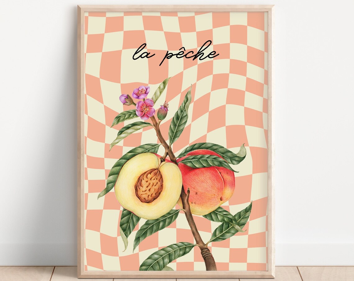 La Pêche Peach French Botanical Retro Checkerboard Art Poster