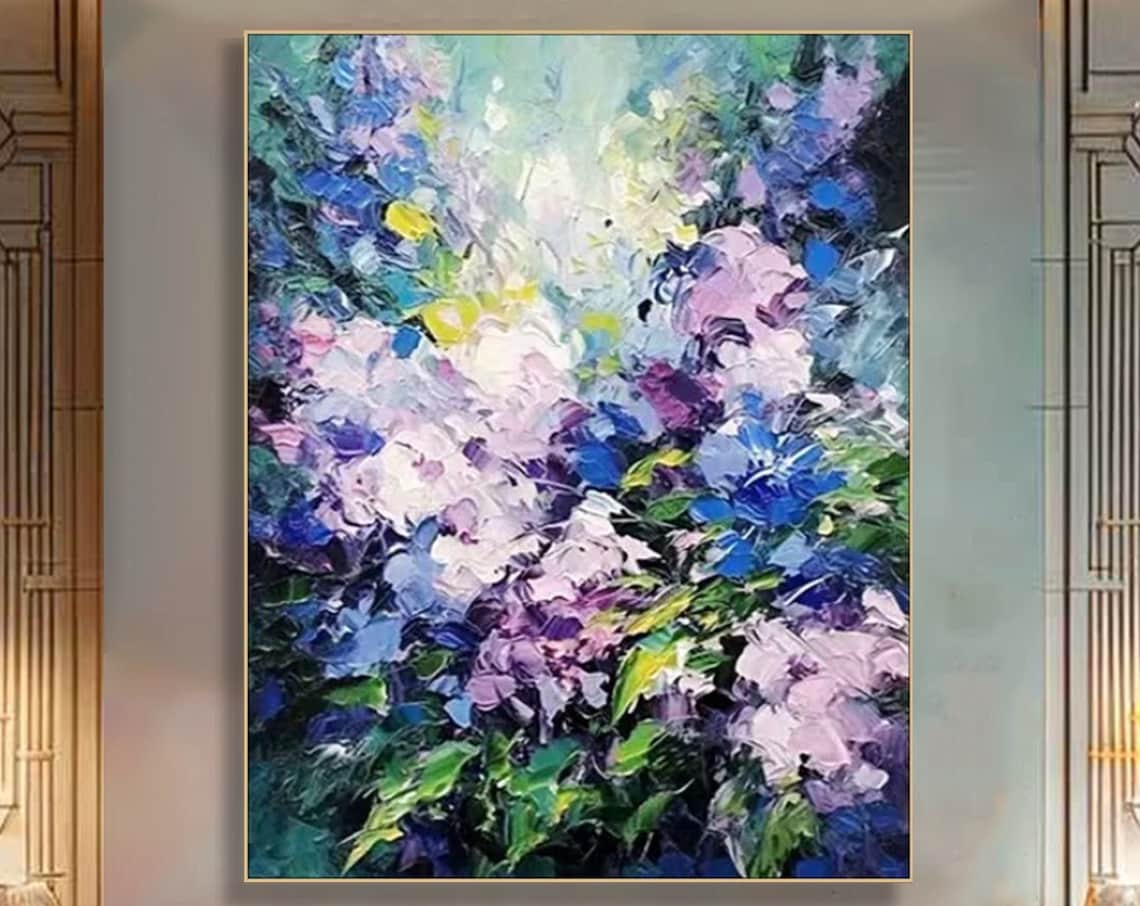 Purple Blue Abstract Floral Bouquet Textured Oil Painting Wall Art