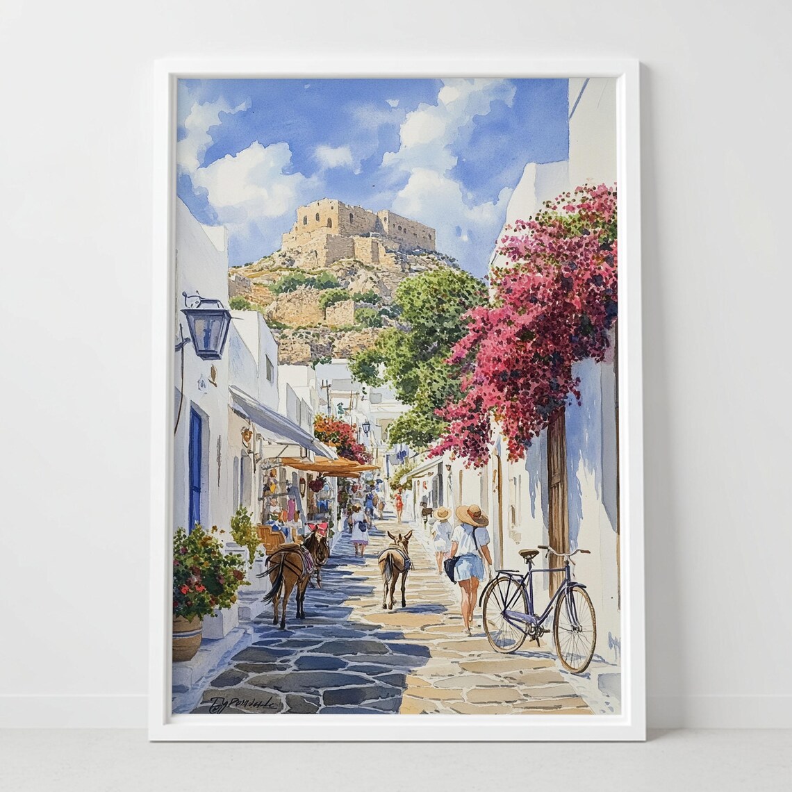 Lindos Greece Watercolor Acropolis Cobbled Street Donkeys Travel Poster