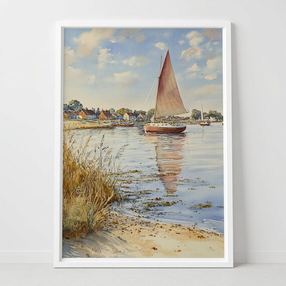 Harbor Sailboat Coastal Village Watercolor Sailing Boat Art Poster
