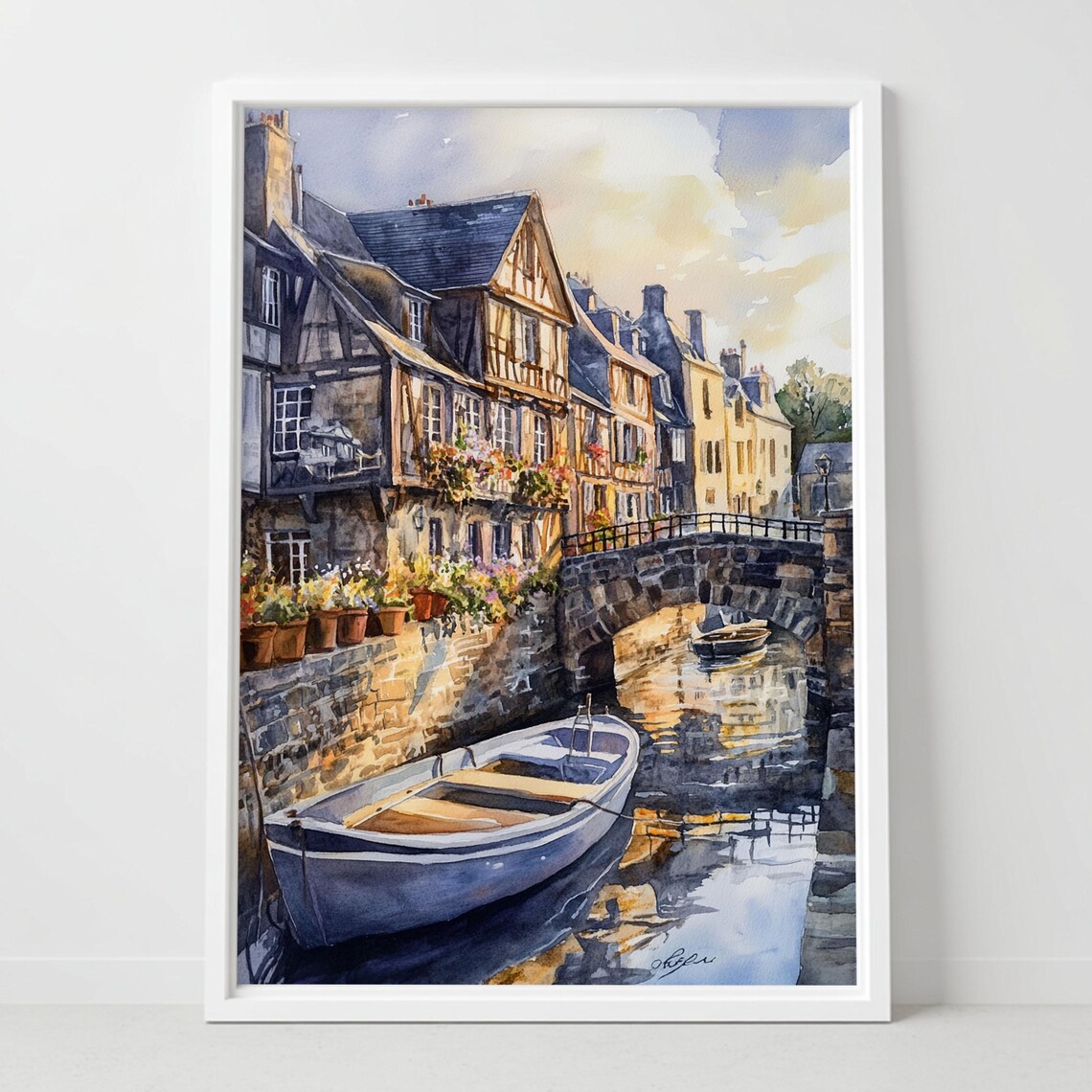 Old Town Canal Half Timbered Houses Rowboat Watercolor Travel Poster