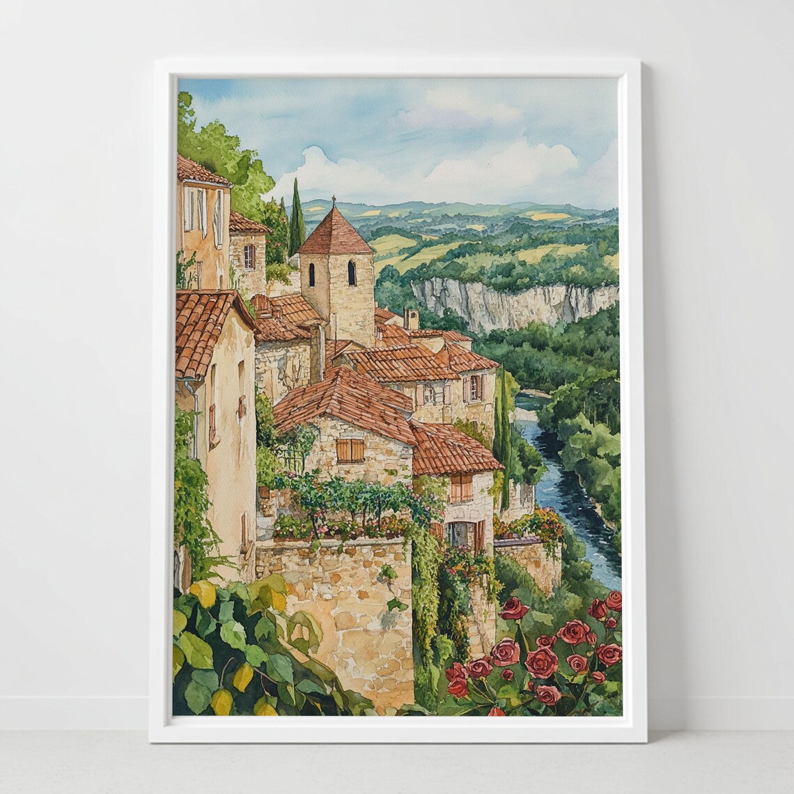 Saint-Cirq-Lapopie France Cliffside Village Watercolor Travel Poster