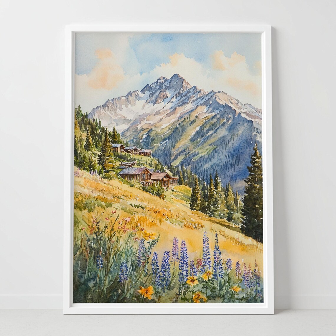 Snowbird Utah Mountain Cabins Watercolor Wildflowers Scene Poster
