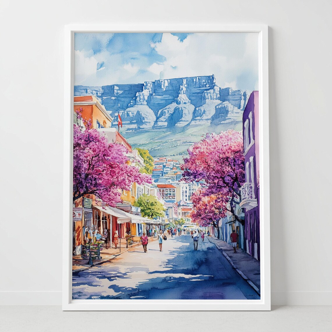 Cape Town Table Mountain Pink Blossom Street Summer Watercolor Poster