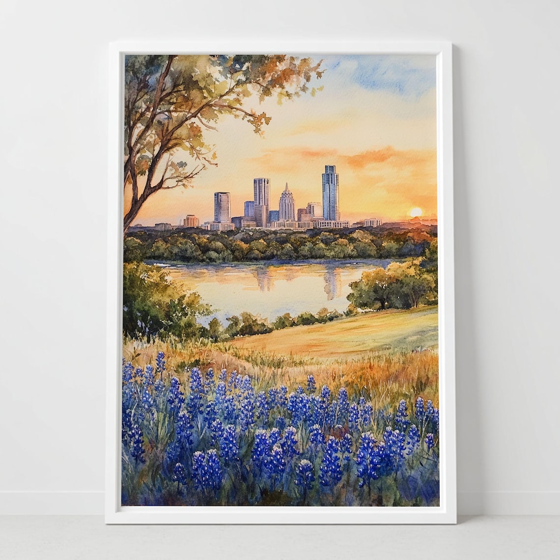Austin Texas Sunset Skyline With Bluebonnets Watercolor Poster
