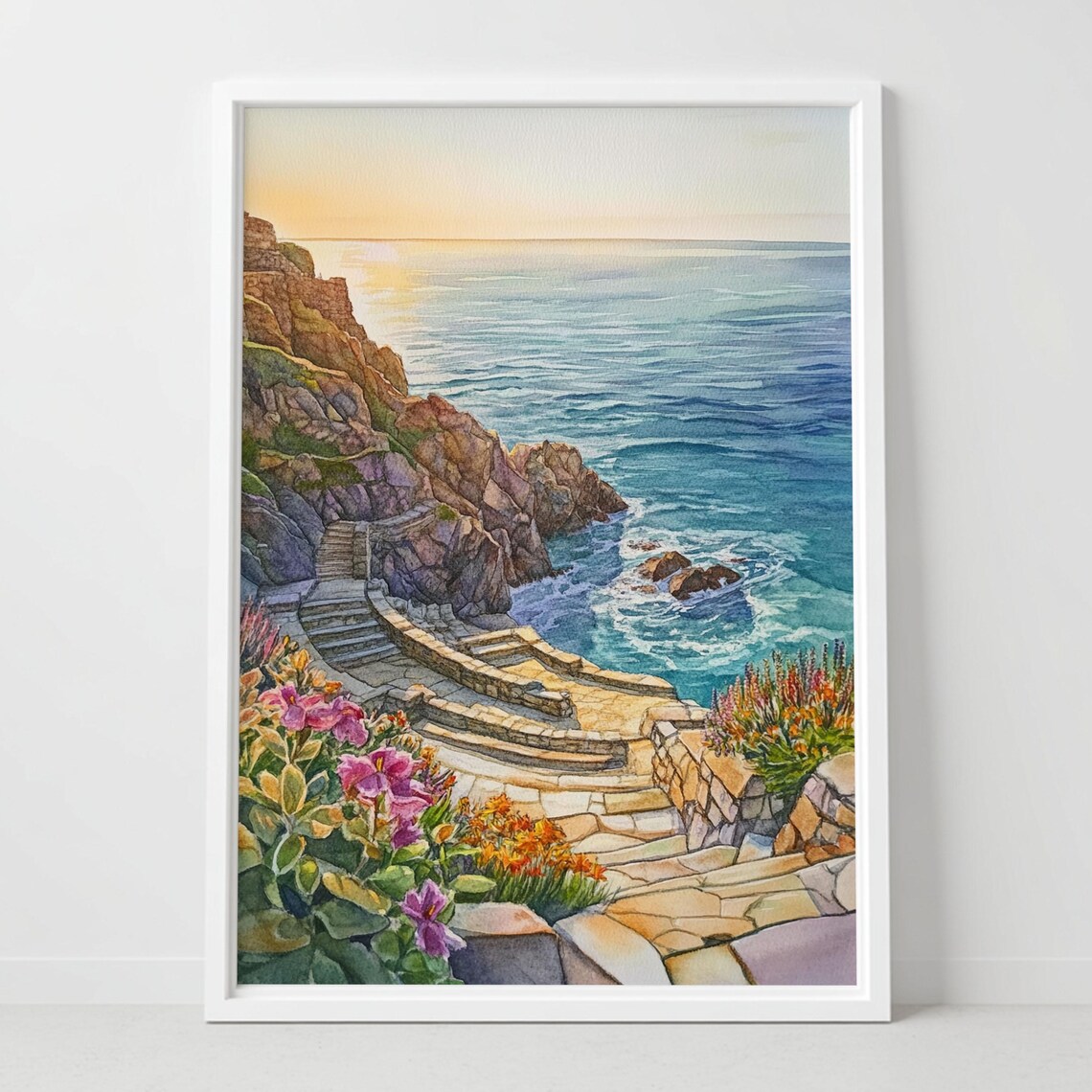 Minack Theatre Cornwall Cliff Amphitheatre Sunset Watercolor Poster