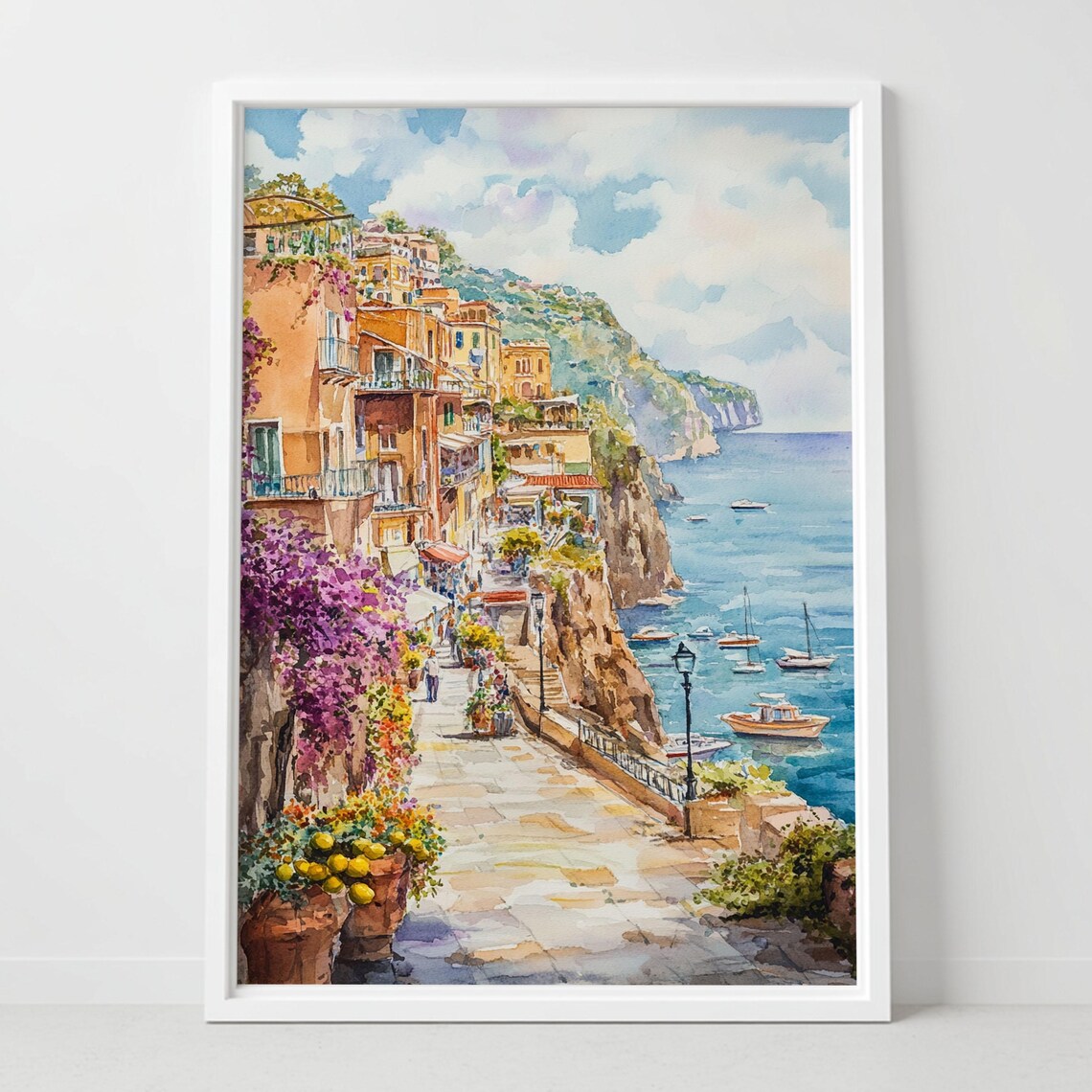 Sorrento Italy Cliffside Watercolor Amalfi Coast Scene Poster