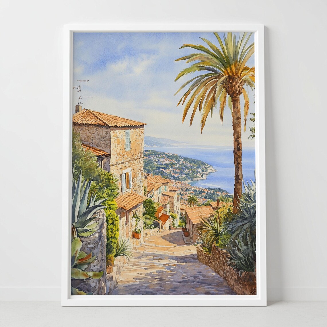 Mediterranean Hillside Village Palm Tree Coast Watercolor Poster