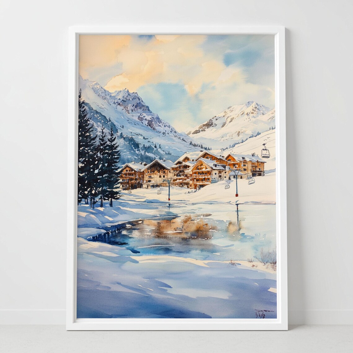 Tignes France Snowy Alpine Ski Chalet Mountain Watercolor Poster