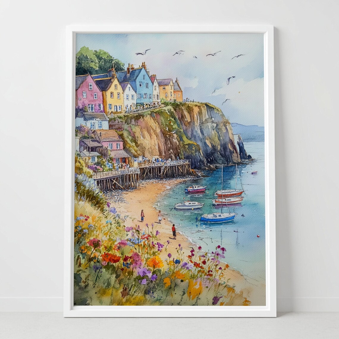 New Quay Wales Colorful Cliff Houses Boats Coastal Watercolor Poster