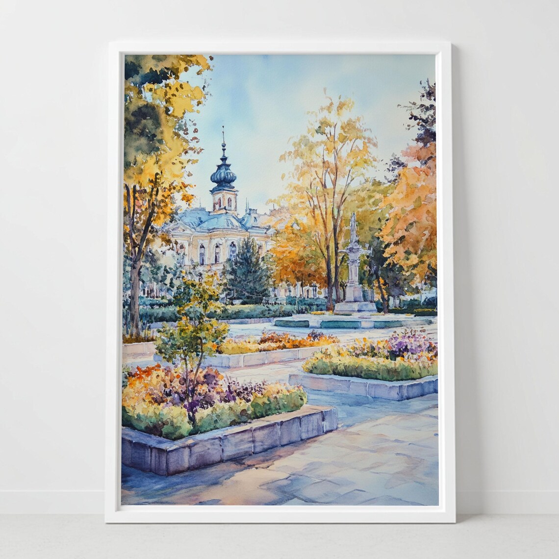 Kielce Poland Autumn Square Watercolor with Church and Fountain Poster