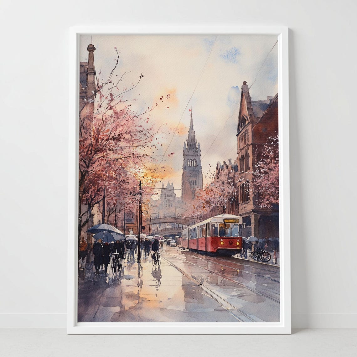 Manchester England Watercolor Print Gothic Architecture Red Tram