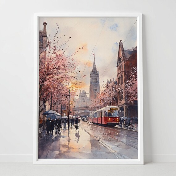 Manchester England Watercolor Print Gothic Architecture Red Tram