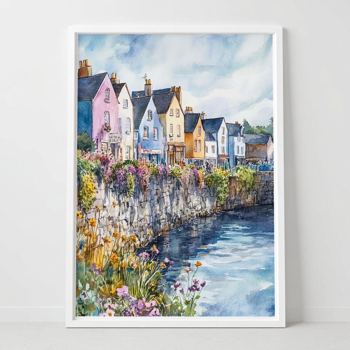 Galway Ireland Riverside Colorful Houses Wildflower Watercolor Poster