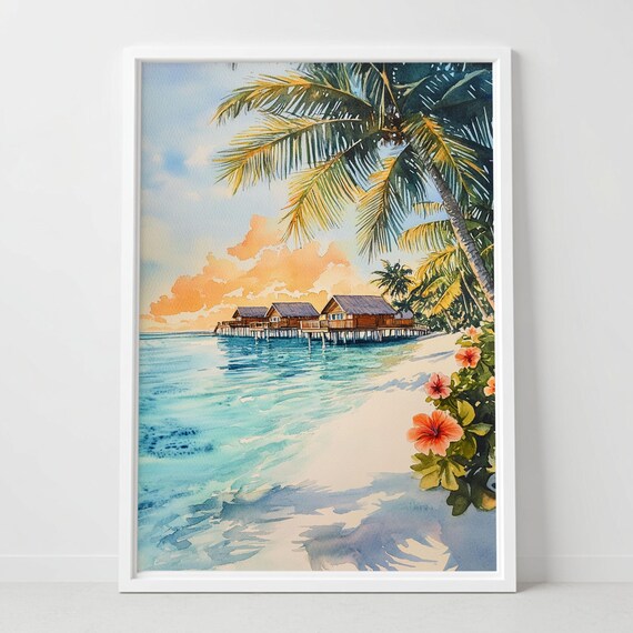 Maldives Sunset Overwater Bungalows Palm Beach Watercolor Art Poster