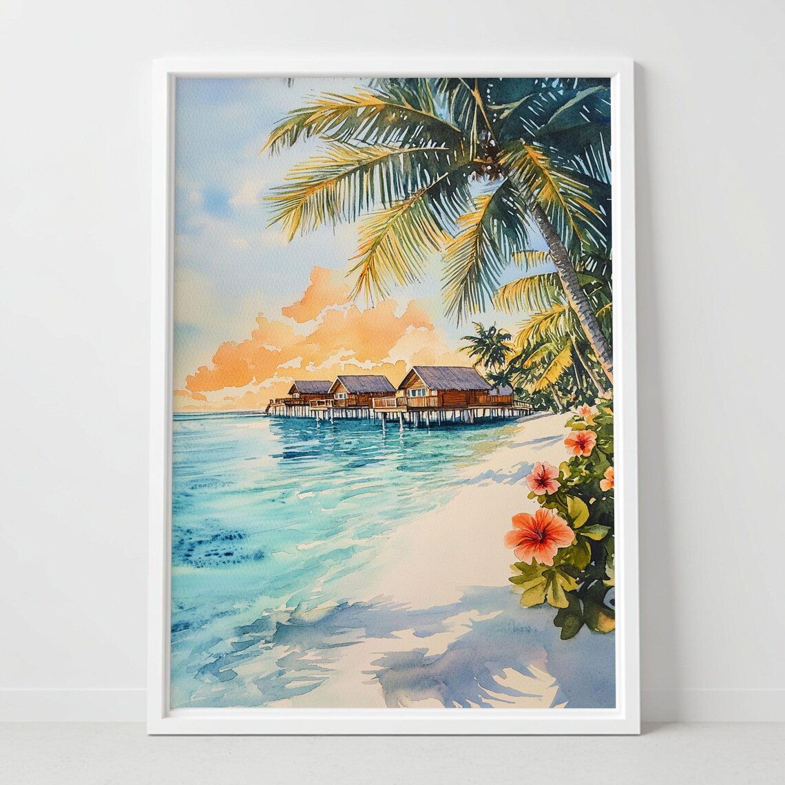 Maldives Sunset Overwater Bungalows Palm Beach Watercolor Art Poster