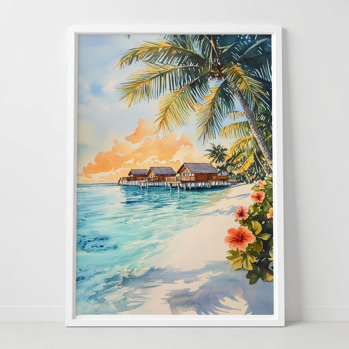 Maldives Watercolor Print Turquoise Ocean Tropical Island Wall Art