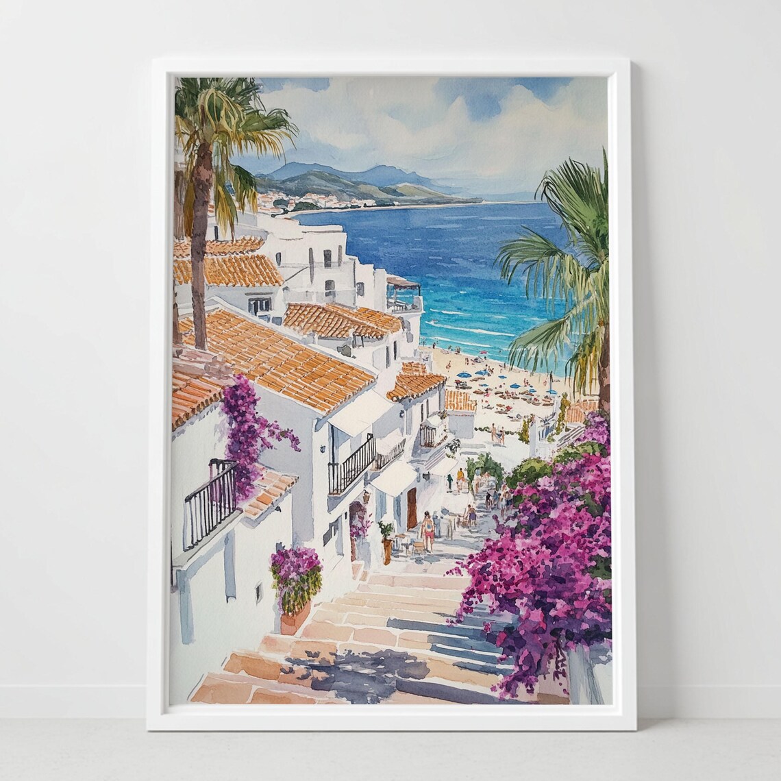 Costa Blanca Spain White Village Bougainvillea Watercolor Poster