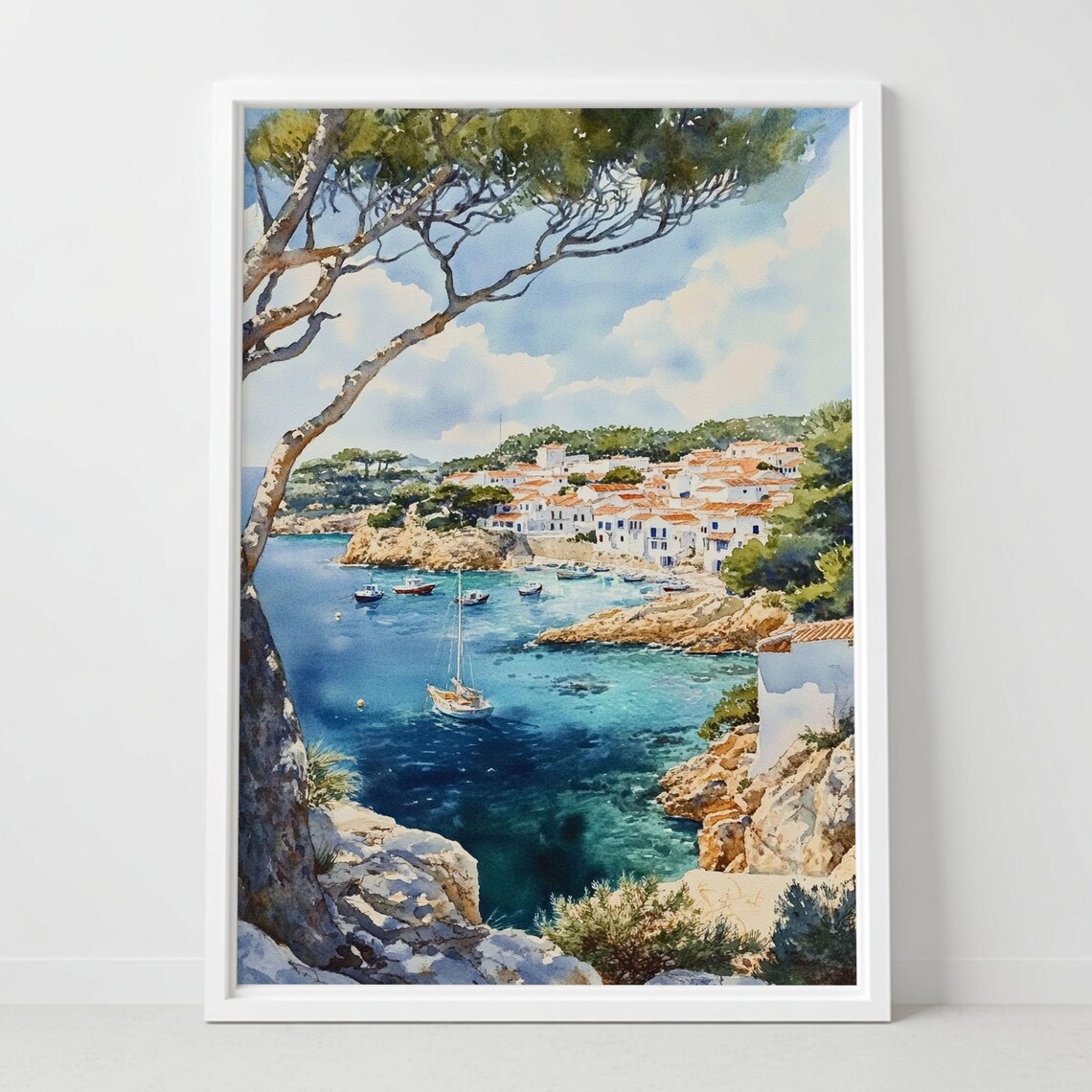 Menorca Spain Mediterranean Coastal Village Sailboats Watercolor Travel Poster