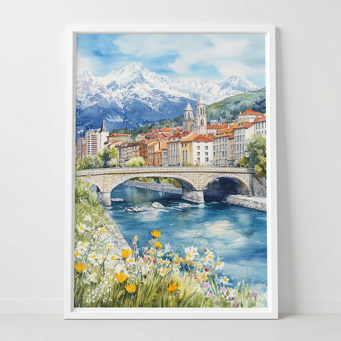 Grenoble France Watercolor Art Print, French Alps