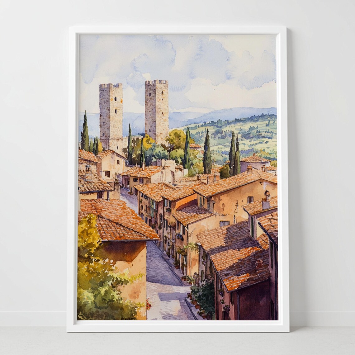 San Gimignano Italy Watercolor Tuscan Towers Travel Art Poster