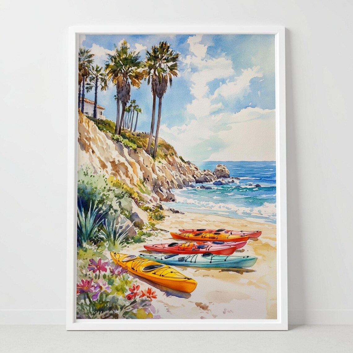 La Jolla Shores California Watercolor Poster Kayaks Beach Cliffs Art