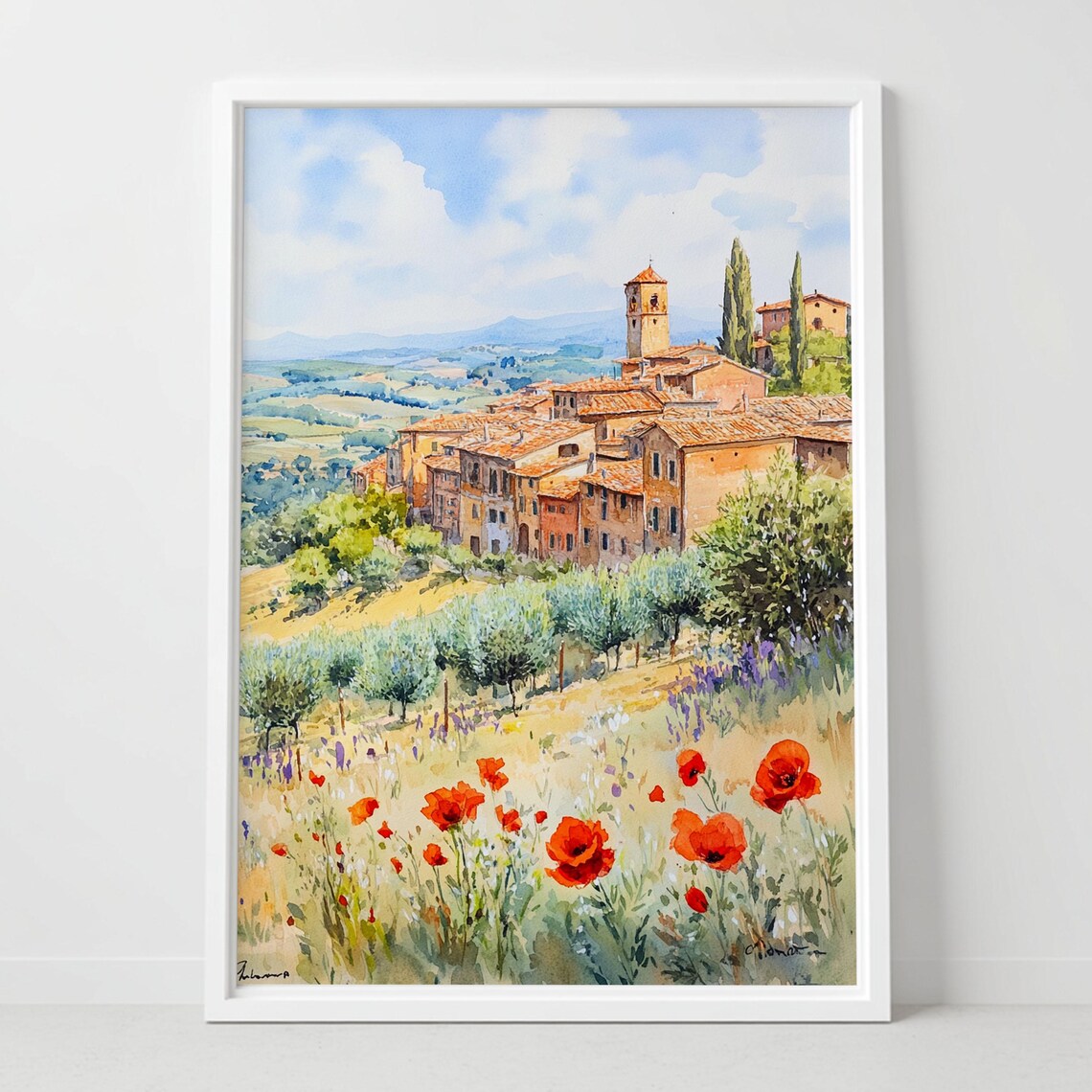 Montepulciano Tuscany Hill Town Watercolor Poppies Italy Poster