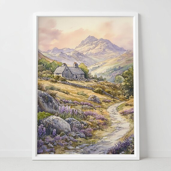 Snowdonia Wales Stone Cottage Mountains Watercolor Scene Poster