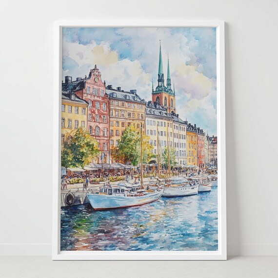 Stockholm Watercolor Print Sweden Cityscape Nordic Wall Art