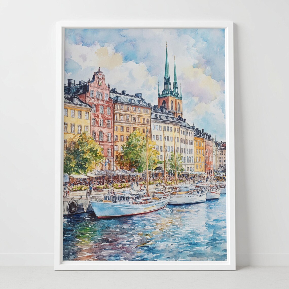 Stockholm Gamla Stan Harbor Colorful Buildings Watercolor Poster