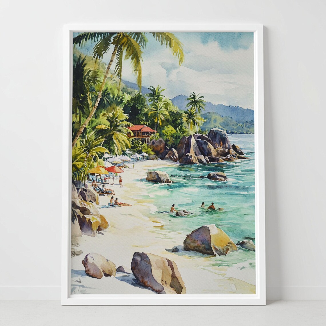 Seychelles Beach Granite Boulders Watercolor Tropical Scene Poster