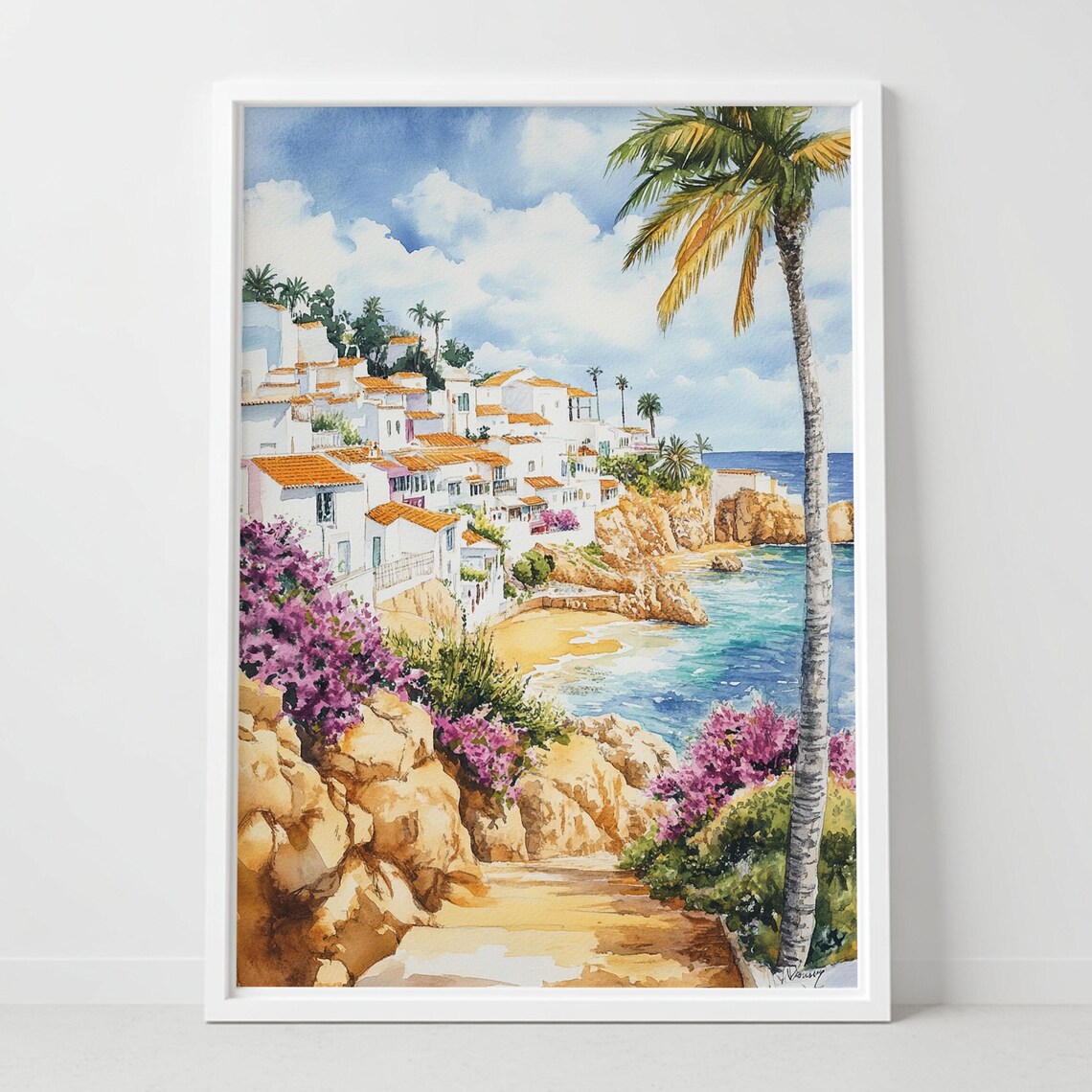 Albufeira Portugal Whitewashed Cliff Town Sunny Watercolor Poster