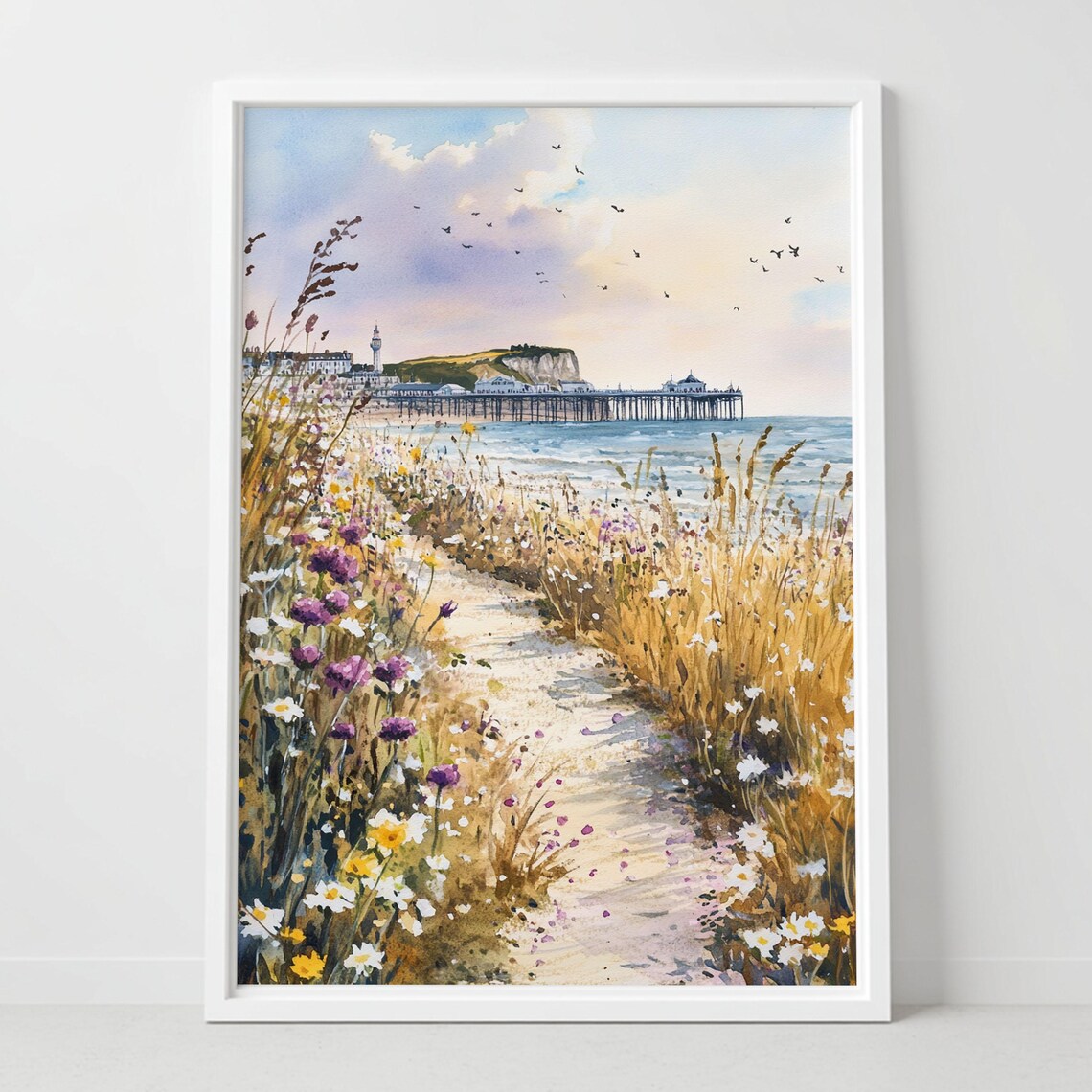 Eastbourne Pier Wildflower Path UK Seaside Coastal Watercolor Art Poster