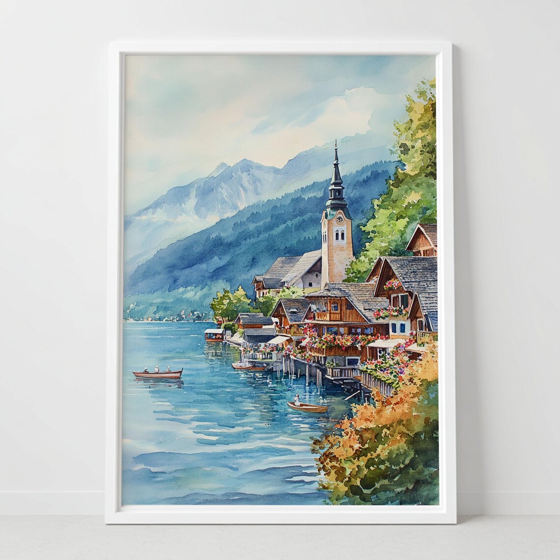 Austrian Alpine Lakeside Village Watercolor Painting Art Poster