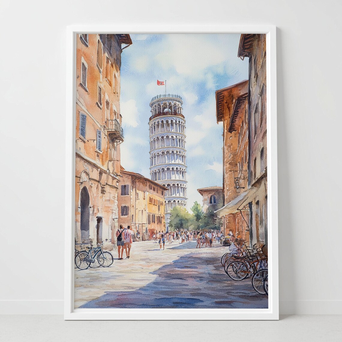 Leaning Tower of Pisa Italy Sunny Street Scene Watercolor Poster