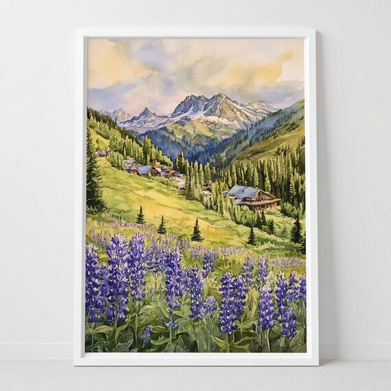 Snowbird Utah Alpine Village Lupines Watercolor Mountain Poster