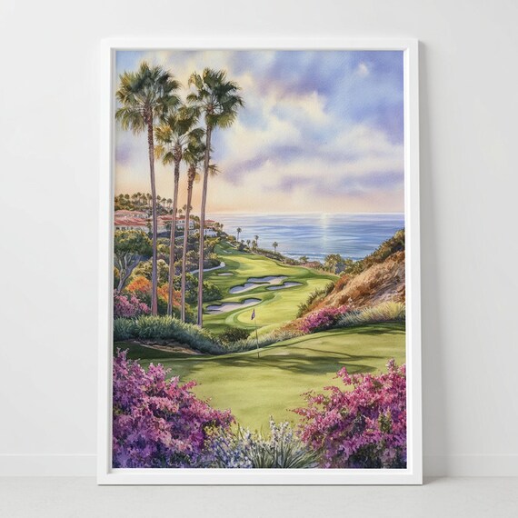 Pelican Hill Coastal Golf Course Palm Ocean Watercolor Poster