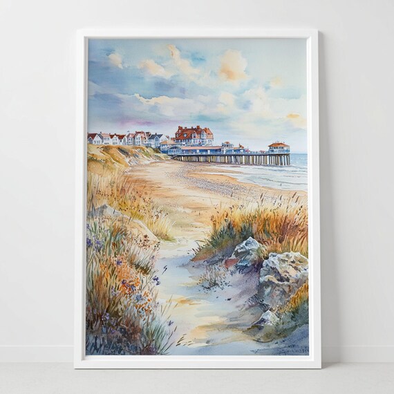 Cromer Beach Norfolk Coastal Dunes Watercolor Painting Poster