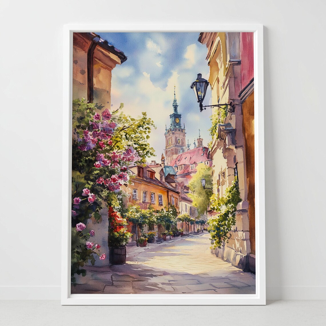 Charming European Old Town Street Watercolor Poster with Church Tower