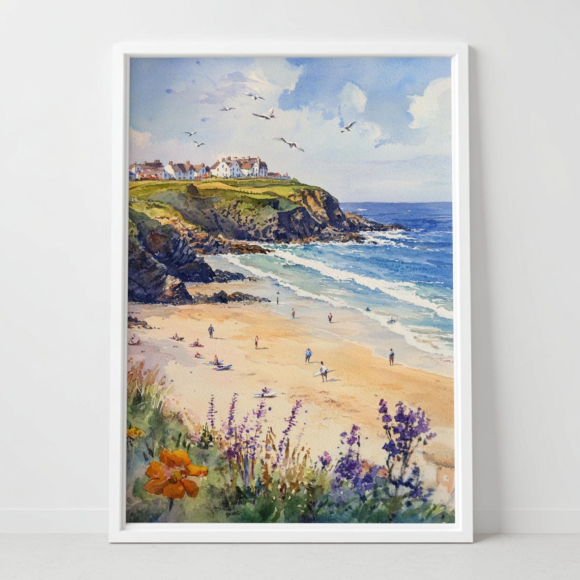 Newquay Cornwall Beach Cliffs Seagulls Coastal Watercolor Wall Art